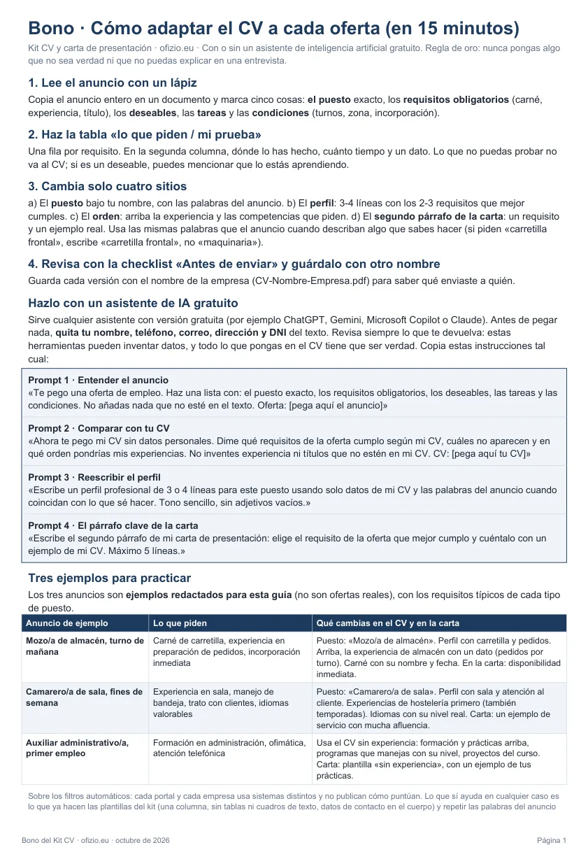Vista previa del bono guía para adaptar el CV a cada oferta, con instrucciones para un asistente de IA gratuito