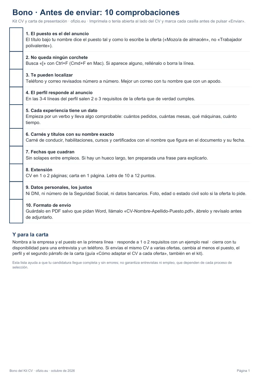 Vista previa del bono checklist Antes de enviar, con 10 comprobaciones