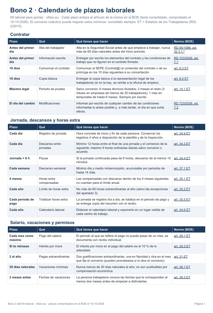 Vista previa del bono 2, calendario de plazos laborales con el artículo de cada plazo