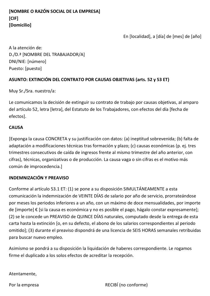 Vista previa de la carta de despido objetivo del kit, con causa, indemnización y preaviso