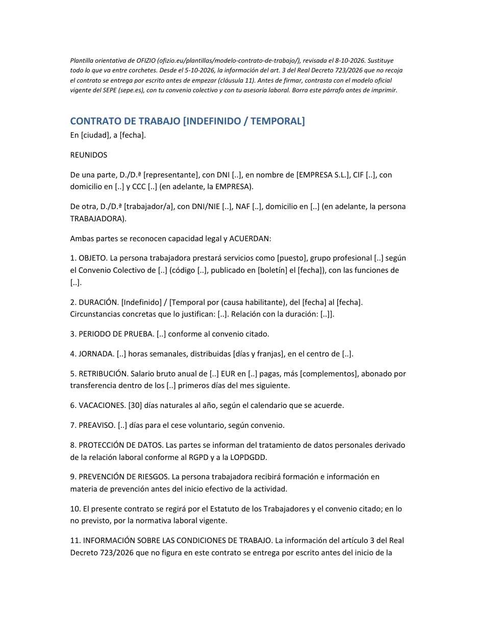 Vista previa de la primera página del contrato de trabajo del kit, con los campos entre corchetes